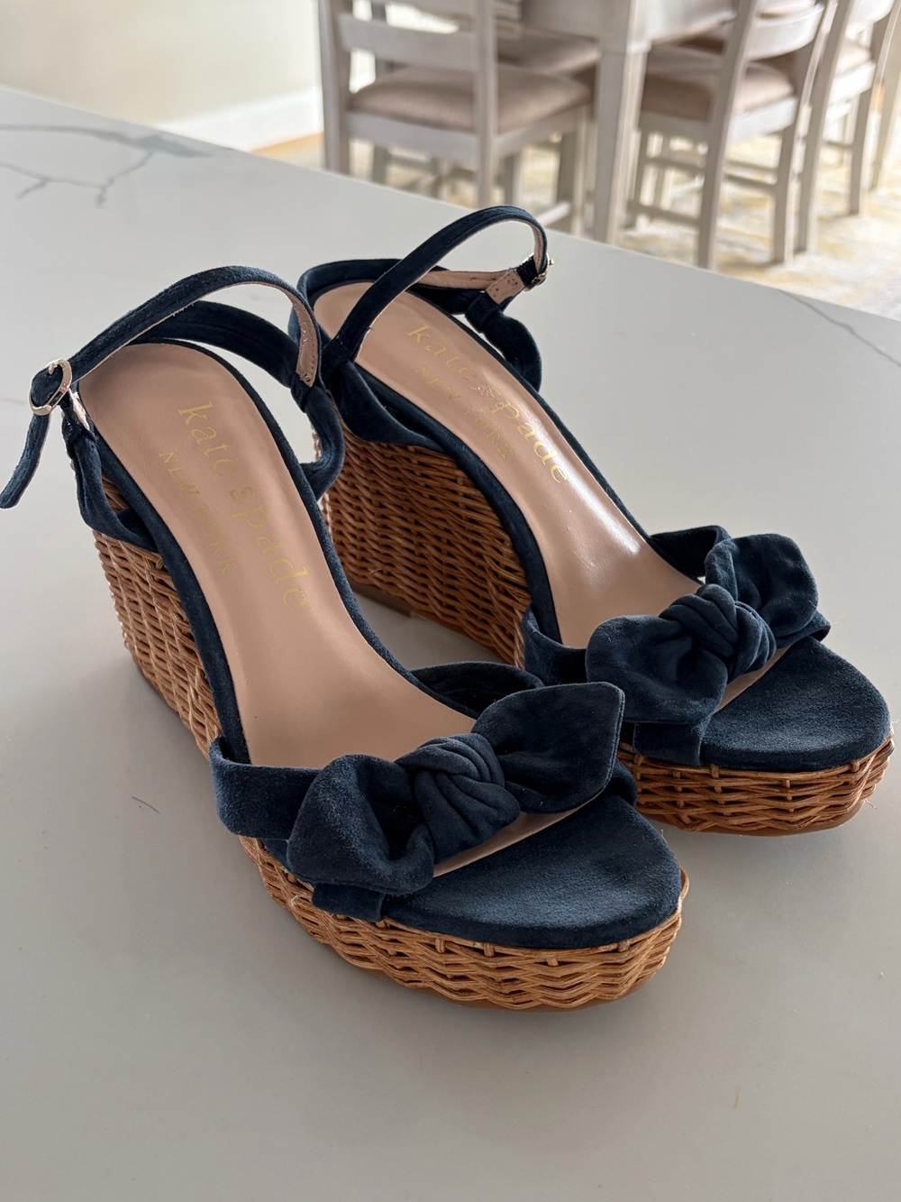 Kate Spade New York Navy Blue Suede Bow Wicker Wedge Espadrille Sandals Size 9